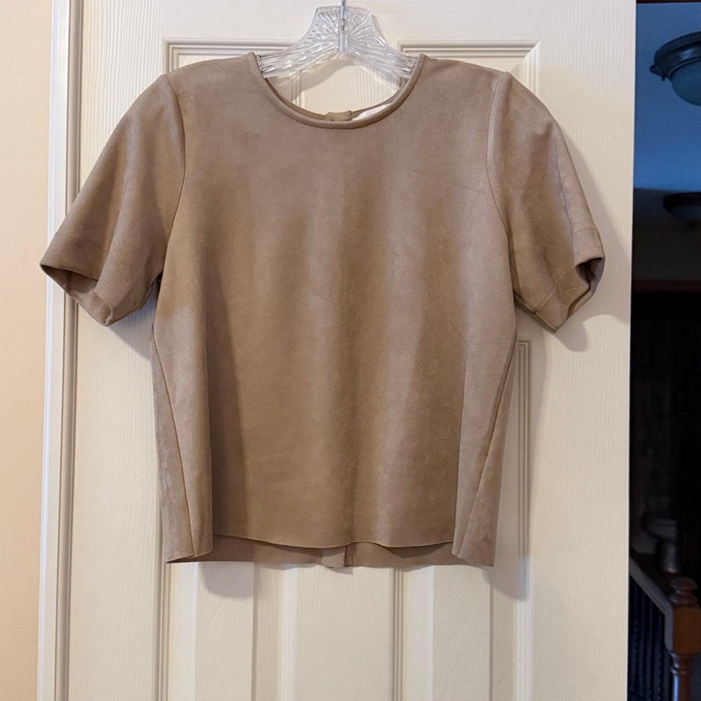 Faux Suede Back Button-Up Short Sleeve Top